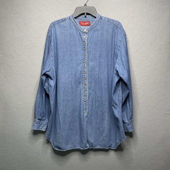 Venezia Jeans Tops - Vintage Venezia Denim Shirt L Blue Band Collar Silver Buttons Relaxed Fit
